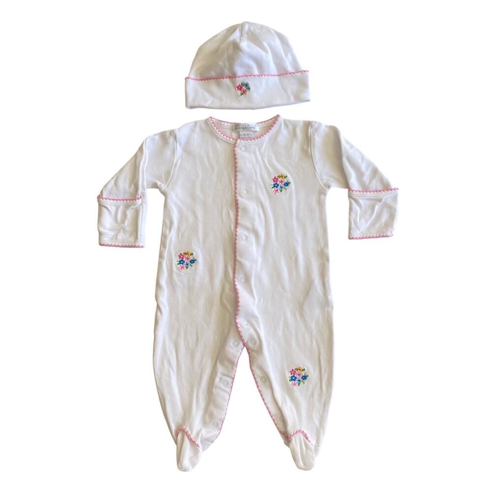 Kissy Kissy Baby Girls Floral Embroidered Footie Sleeper Hat Outfit Set Pima 0-3
